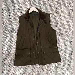 VINTAGE RALPH LAUREN QUILTED GREEN VEST WITH CORDUROY BROWN COLLAR